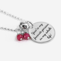 Side view of custom sterling silver Your Saying On A Necklace with 5/8" disc,  personalized with stamped message, "You're my favorite person in my whole life", shown with Tiny Semi-Precious Birthstones