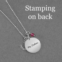 Sterling silver stamped Your Saying On A Necklace shown with stamping on back of charm, with birthstone and Lucky Sterling Horseshoe charm, personalized with your own message