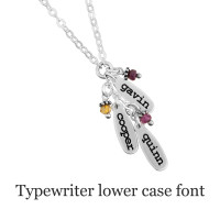 Custom Sterling Silver Cascade Necklace with birthstones, personalized with kids' names stamped in Typewriter lower case font, shown close up on white background