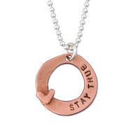 Hand Stamped Loved Copper Circle Necklace, close up