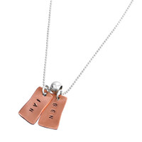 Hand stamped rectangle copper charms mom necklace, personalized with kids names, shown on white