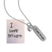 Custom Silver Handwriting Mom Tag Necklace, personalized child's note to mom, with silver puffed heart charm, shown with original handwritten note