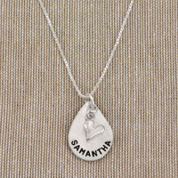 Mom name necklace, with Handmade fine silver teardrop stamped with child's name "Samantha"