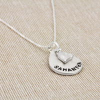 Side view of mom necklace, with Handmade fine silver teardrop stamped with child's name "Samantha"