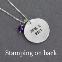 Stamped note for the teacher on the back of fine silver Teacher gift necklace, with hand stamped  message, "Teach Inspire Love" on front, with amethyst stone