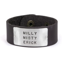 Hand Stamped Leather Bracelet for Him, in Dark Brown leather, with the names Milly, Misty, Erick, shown on white