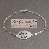 Sterling silver memorial Handwriting Petal Bracelet showing original handwritten note used to personalize the bracelet