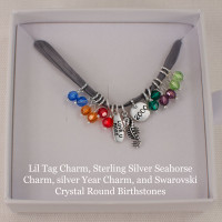 Little Tag Charm, Sterling Silver Seahorse Charm, silver Year Charm, and Swarovski Crystal Round Birthstones 