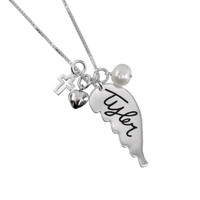 Custom Silver Handwriting Memorial Angel Wing Necklace, shown close up with puffed silver heart, pearl and cross