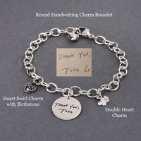Heart Swirl Charm With Birthstone, shown in use on Round Handwriting Charm Bracelet, also shown with a Sterling silver Double Heart Charm