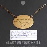 Gold oval necklace with your actual handwriting, shown with original handwriting