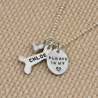 Always in my heart custom hand stamped necklace in fine silver, shown from the side