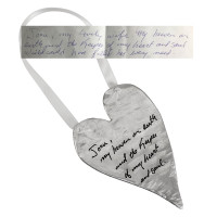 Husband's handwriting on an fine pewter Christmas ornament, shown with the original handwritten note used to create it