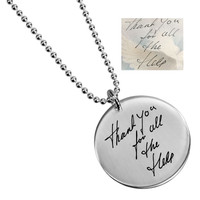 Custom memorial silver handwriting disc necklace, personalized with actual handwritten note from mom, hung on a ball chain