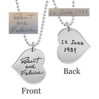 Anniversary present made from personalized silver Handwriting heart necklace , shown with original handwritten note, with front & back both shown on white background