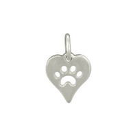 Silver heart charm with paw shape cut out of the middle, shown on white 