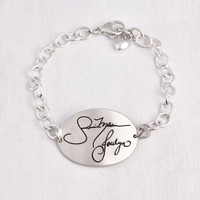 Large oval handwriting memorial silver bracelet with heart charm