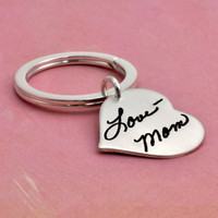 Custom Handwriting Heart silver Key Ring, personalized with handwritten Love Mom, shown from the side