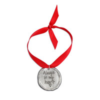 Custom fine pewter memorial Christmas ornament, personalized with your handwriting, shown on white