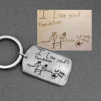 Military tag handwritten key chain, shown with the original handwriting & artwork used to personalize it