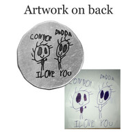 Custom My Mantra Handwriting Pocket Token in fine pewter, shown with child's artwork used to personalize the back of it