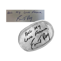 Handwritten note & signature on fine pewter personalized oval pocket charm, shown with the original handwriting used to create it