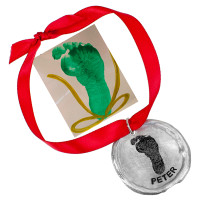 Custom fine pewter memorial Christmas ornament, personalized with your child's footprints , shown with original footprint