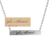 Wedding gift Silver Handwriting bar necklace,  personalized with handwritten signatures , shown on white