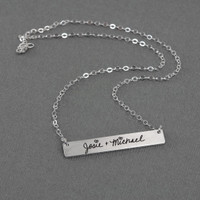Wedding gift Silver Handwriting bar necklace,  personalized with handwritten signatures