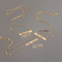 Gold bar necklaces with parents actual handwriting & signatures, shown with the original handwriting used to create them