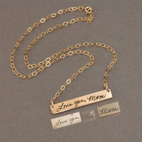 Gold bar memorial necklace personalized with mom's actual handwriting, shown with 3 different handwriting images used to create it