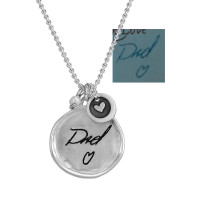 Custom Sculpted Raised Edge Circle Handwriting Memorial Necklace, personalized with Dad's handwritten signature & a heart