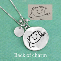 optional artwork on the back of custom Sculpted Raised Edge Circle Handwriting Necklace, with original child's drawing used to personalize it