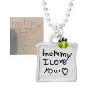 Silver Sculpted Raised Edge Small Square Handwriting Necklace, shown with original handwriting