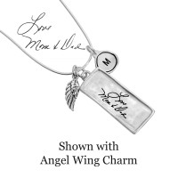 Custom rectangle family necklace in silver, personalized with handwriting signatures of Mom & Dad, with silver monogram and angel wing charm, shown on white