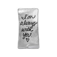 Your handwriting on a fine pewter pocket charm with a raised heart, with the back shown on white