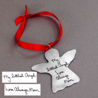 Handwriting Angel Ornament in fine pewter, shown with the actual handwritten note & signature used to personalize it, with red ribbon
