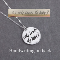 Custom Silver fingerprint necklace, shown with optional handwritten message on back, with original handwriting