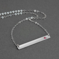 Custom silver bar mom necklace, personized with one kid's pink birthstone embedded in the silver
