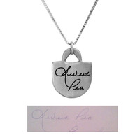 Custom sterling silver Love Tote Handwriting Necklace, personalized with your loved one's actual handwriting, shown with the handwritten note used to create it