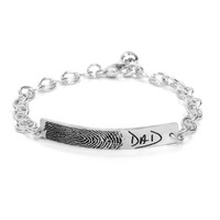 Custom Silver Fingerprint and handwriting ID Bracelet, personalized with your loved one's actual fingerprint and handwriting, shown on white
