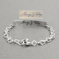 Custom Silver Fingerprint and handwriting ID Bracelet, shown from the back with original signature