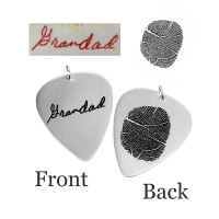Custom memorial silver guitar pick, engraved with Grandad's signature and fingerprint, shown with original handwriting & fingerprint used to personalize it
