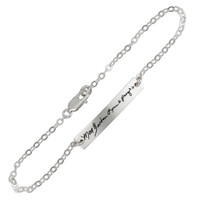 Dainty bracelet with your actual writing in sterling silver, shown close up on white