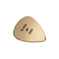 hand stamped personalized guitar pick graduation present in gold, shown on up close on white