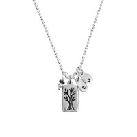 Custom fine silver Family Tree necklace, personalized with hand stamped kids' initials, hung with pearl charm, shown on white