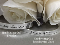 Sterling silver handwriting cuff bracelet with clasp, shown with larger handwriting cuff bracelet on the left