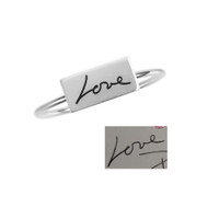 Custom Rectangle Dainty Handwriting Ring, personalized with your actual handwriting, shown with original handwritten "Love", close up on white