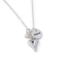 Custom hand stamped fine silver Mama Necklace, shown on white, with freshwater pearl and heart charm