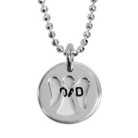 Custom silver Angel Charm and Name Disc necklace, personalized with hand stamped name, shown on white